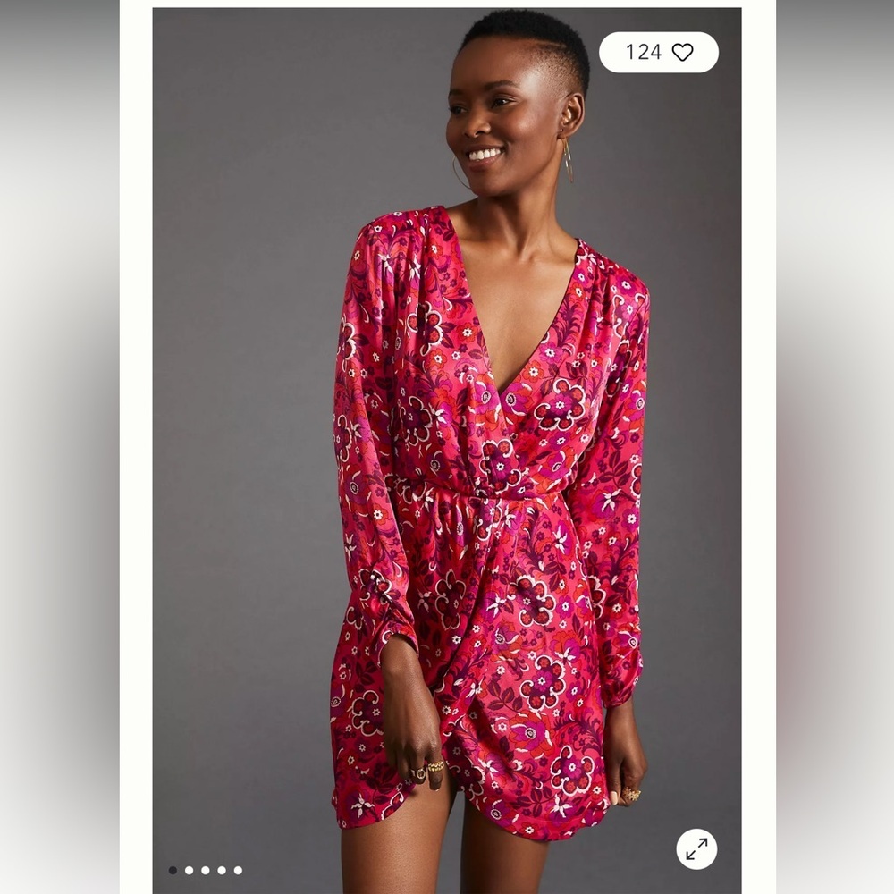 Maeve Anthropologie Valentines pink floral wrap mini Long Sleeve Dress